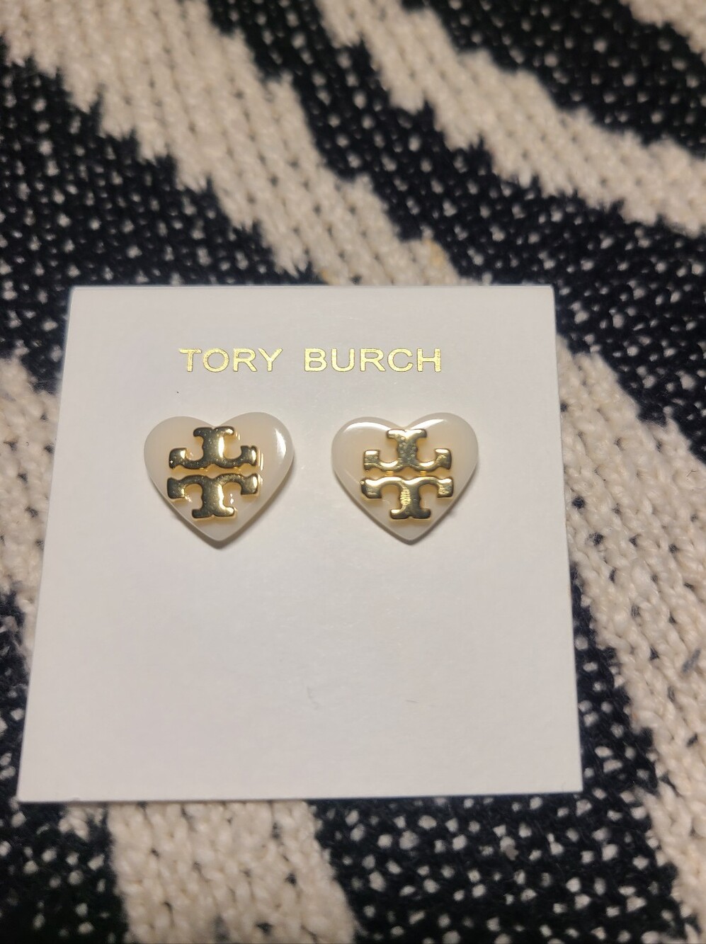 Tory Burch Heart Logo Stud Earrings in Cream and Gold